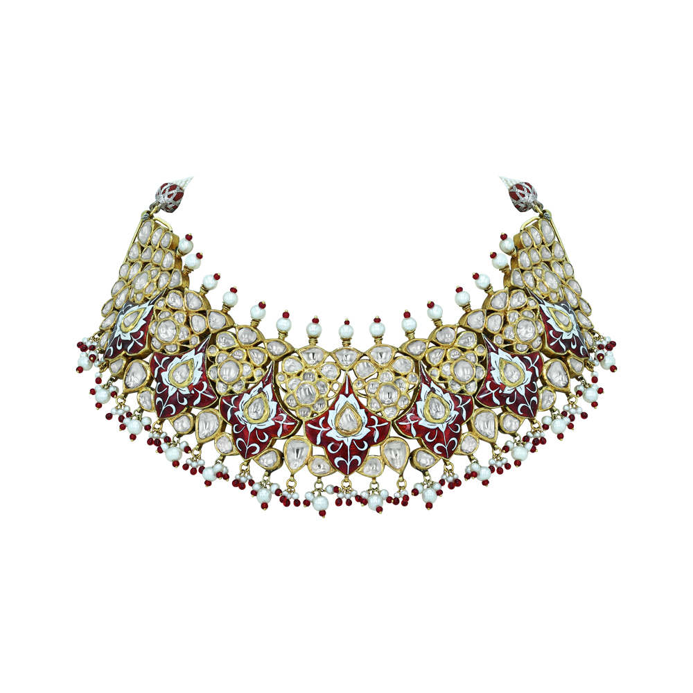 Polki Semi-Choker with Red Enamel and Pearl Beads